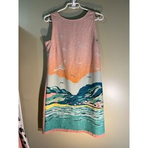 Yumi Coastal Scenic Landscape Print Shift Dress Peach Pink US 8 Cottagecore